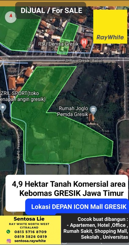 Dijual 4,9 Hektar Tanah Kebomas Gresik Jatim- Jalan Dr.Wahidin Sudirohusodo Komersial Area Depan Icon Mall Gresik Cocok Dibangun Apartemen, Hotel, Shopping Mall, Perkantoran, Rumah Sakit, Sekolah, Per