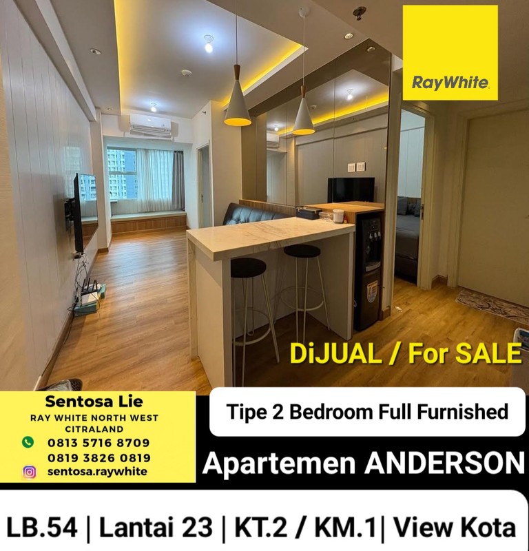 MURAH Rp.900 Juta-an Dijual Apartemen Anderson Pakuwon Mall Tipe 2 Bedroom Full Furnished Lantai 23 Best View Kota