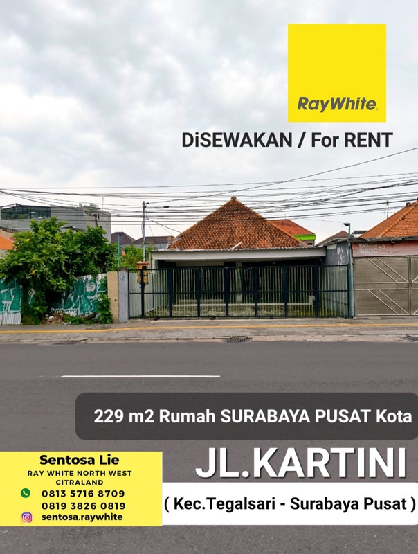 Disewakan 229 m2 Rumah Surabaya Pusat Kota Jalan Kartini- Kec.tegalsari cocok Buat Segala Usaha , Parkiran Mobil Luas