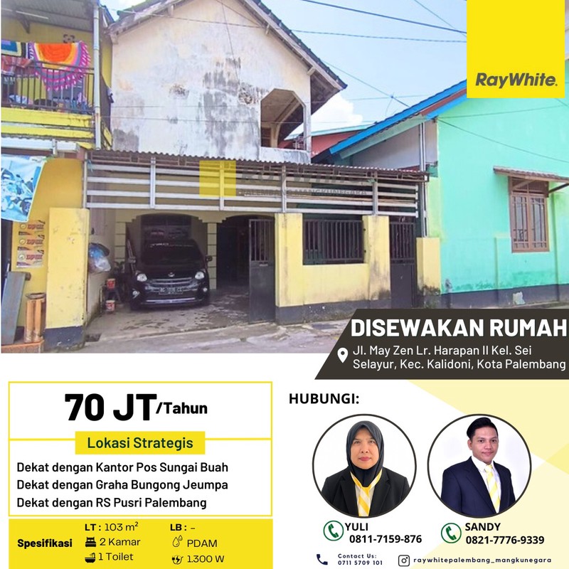 Disewakan Rumah Jl. May Zen Lr. Harapan II Kel. Sei Selayur, Kec. Kalidoni, Kota Palembang