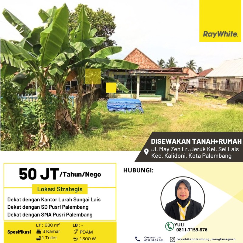 Disewakan Tanah + Rumah di Jl. May Zen Lr. Jeruk Kel. Sei Lais Kec. Kalidoni, Kota Palembang