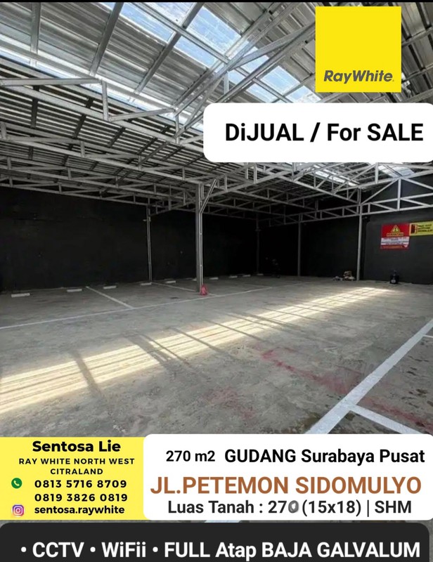 2 Milyar-an Dijual 270 m2 Gudang Surabaya Pusat Kota di Jalan Petemon Sidomulyo - Row Jalan 2 Mobil Paving Plus Cctv, Wifii, Cocok Buat Gudang, Parkiran Mobil