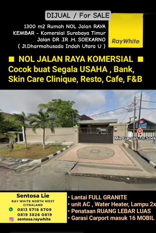 Dijual 1300 m2 Rumah Komersial Nol Jalan Raya Kembar Jalan Dr. Ir.H.Soekarno / Dharmahusada Indah Utara samping Mie Gacoan, Depan Unair kampus ,dekat Galaxy Mall - cocok buat Segala Usaha , Garasi Car