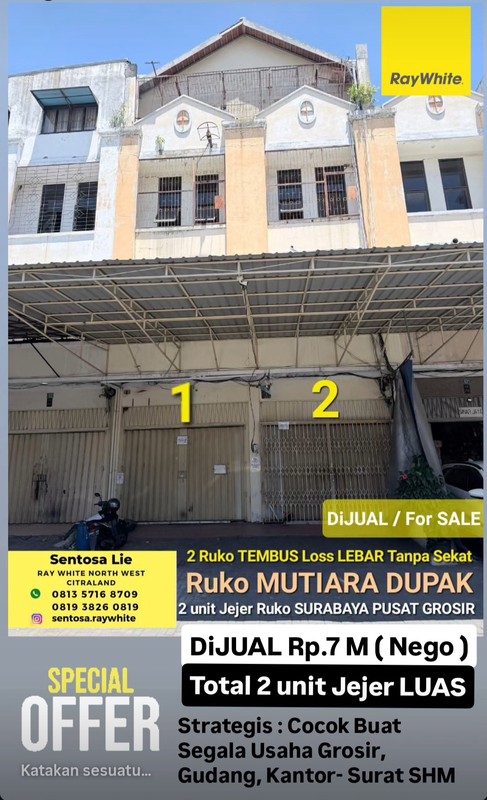 Dijual 2 Ruko Mutiara Dupak Bubutan Surabaya Pusat Kota- Ruang Loss Lebar Tanpa Sekat -Parkiran Mobil Luas- Dekat Pusat Grosir Surabaya, Akses Tol Dupak Strategis Cocok Buat Segala Usaha Grosir, Gudan