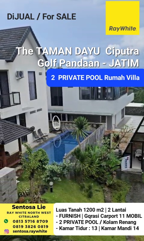 Dijual 1200 m2 Private Pool Rumah Villa Taman Dayu Ciputra Golf Pandaan Jatim - Cluster Sagamore Hills- Semi Furnished - Garasi Carport 11 Mobil Luas - Best View -Lokasi Bagus- Udara Sejuk - Taman Asr