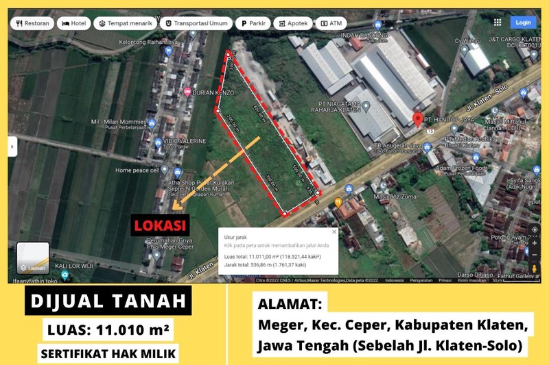 Dijual Tanah Industri Strategis yang berlokasi di koridor nasional jalan Jogja Solo - Meger, Kec. Ceper, Kab. Klaten, Jawa Tengah Salah satu jalur utama aktivitas industri dan logistik