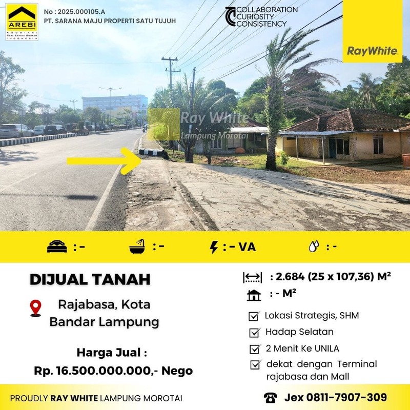 tanah luas 2684 m2 jl ZA pagar alam rajabasa, bandar lampung