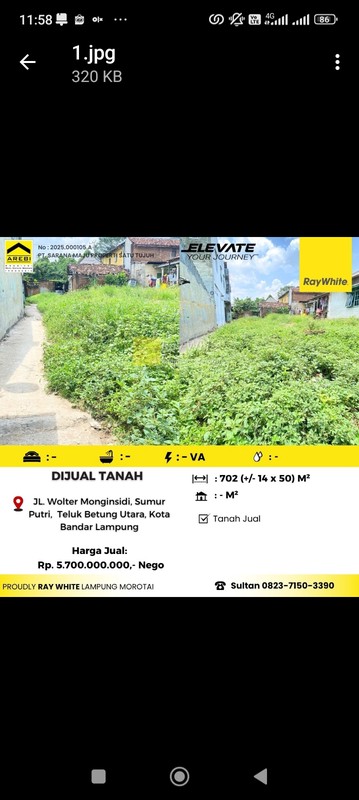 tanah 702 m2 jl wolter monginsidi teluk betung utara bandar lampung