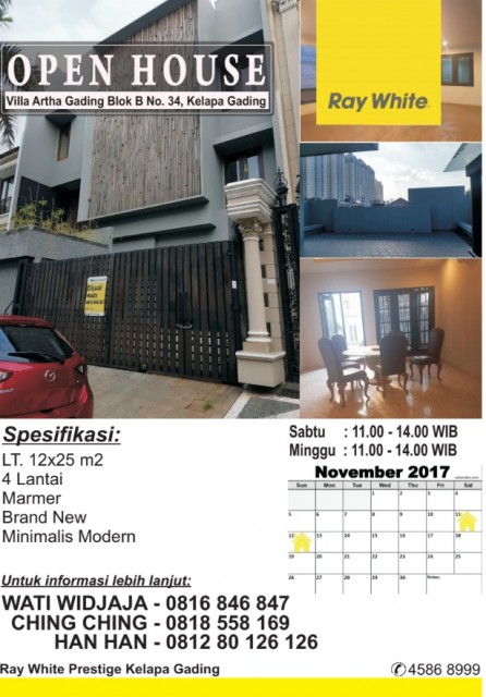 Open House di Artha Gading Hari Sabtu & Minggu, Tanggal 11 - 12 November 2017